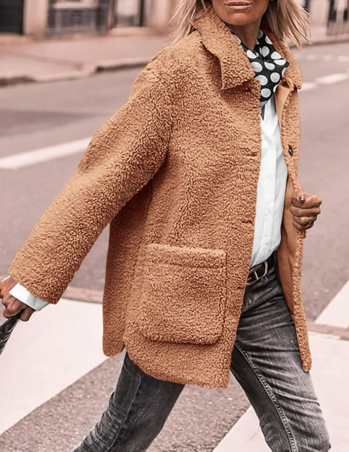 PRETTYGARDEN Women's Winter Faux Fur Coats Long Sleeve Lapel Button Down Pockets Fleece Sherpa Jacket Casual Trendy Outerwear