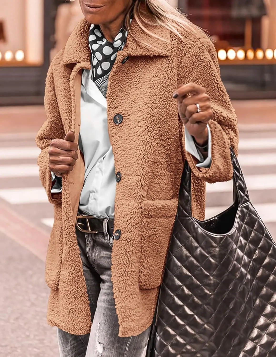 PRETTYGARDEN Women's Winter Faux Fur Coats Long Sleeve Lapel Button Down Pockets Fleece Sherpa Jacket Casual Trendy Outerwear