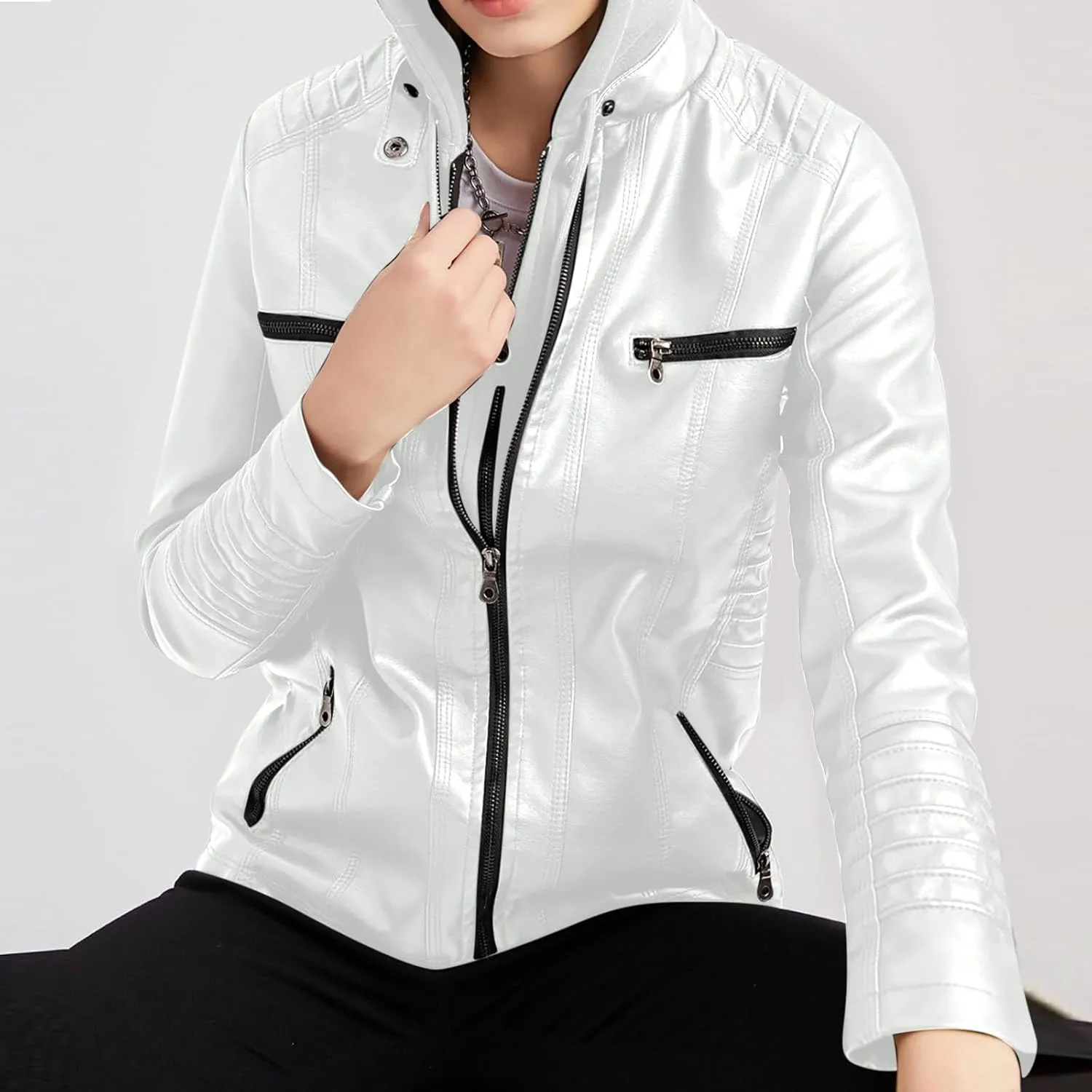 PU Faux Leather Jacket Women Motorcycle Coat for Biker with Removable Hood Plus Size Full Zip Jackets Winter Outfits