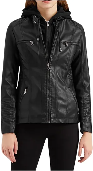 PU Faux Leather Jacket Women Motorcycle Coat for Biker with Removable Hood Plus Size Full Zip Jackets Winter Outfits