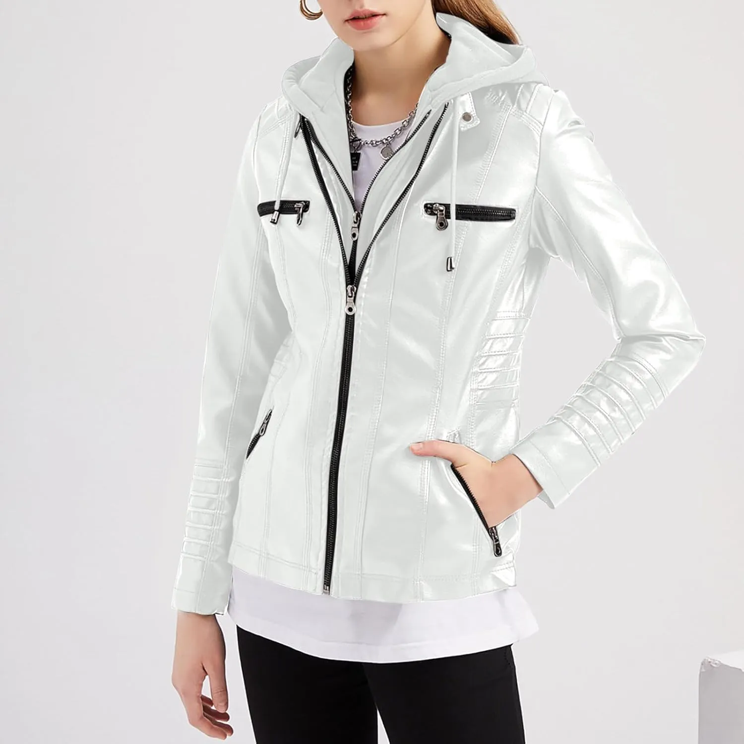 PU Faux Leather Jacket Women Motorcycle Coat for Biker with Removable Hood Plus Size Full Zip Jackets Winter Outfits