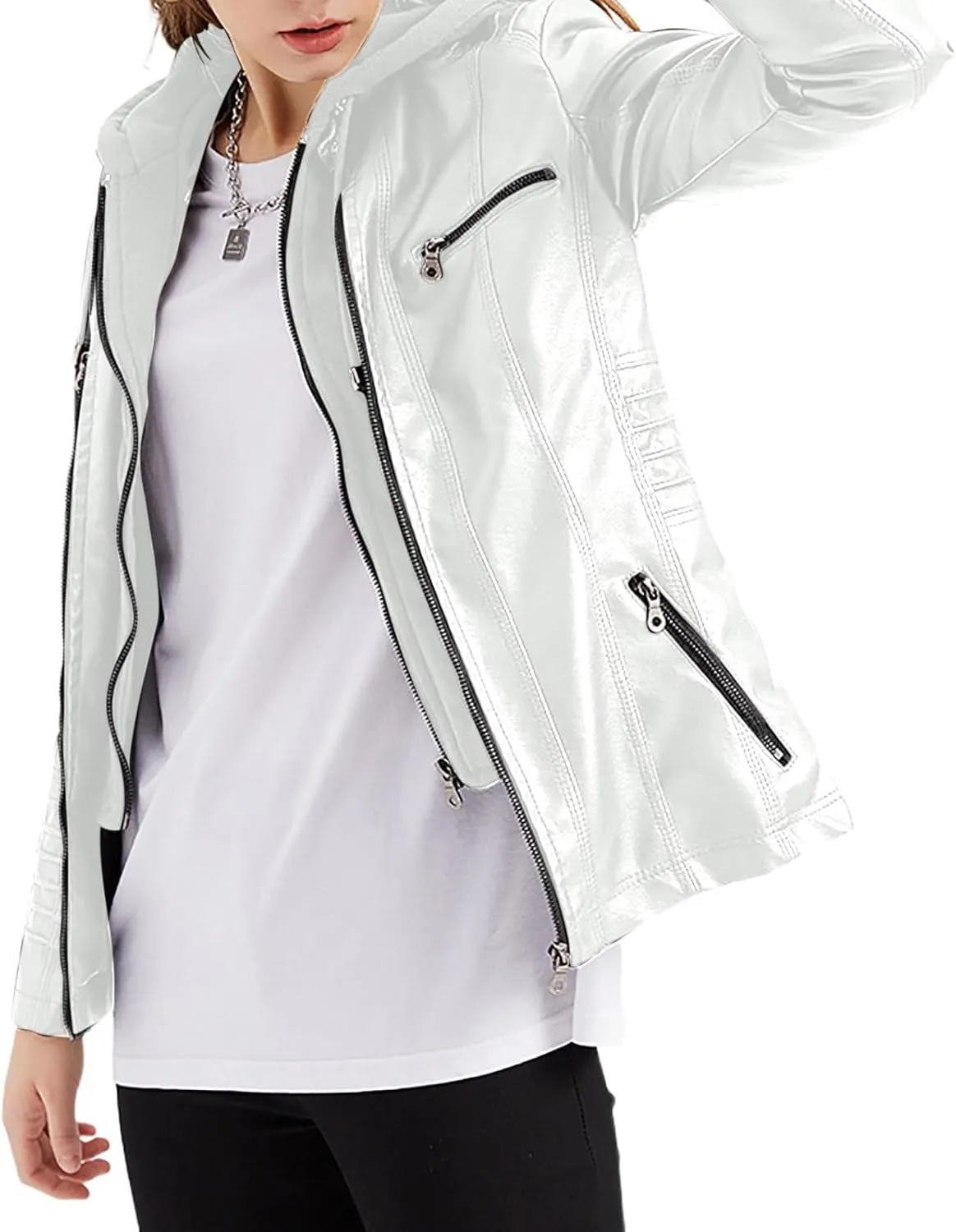 PU Faux Leather Jacket Women Motorcycle Coat for Biker with Removable Hood Plus Size Full Zip Jackets Winter Outfits