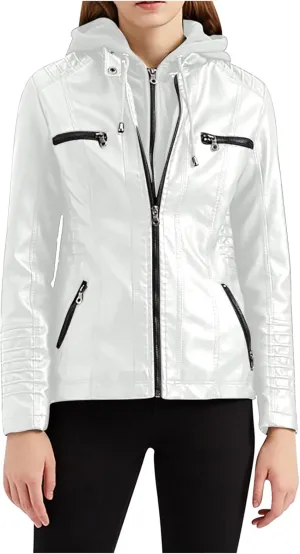 PU Faux Leather Jacket Women Motorcycle Coat for Biker with Removable Hood Plus Size Full Zip Jackets Winter Outfits