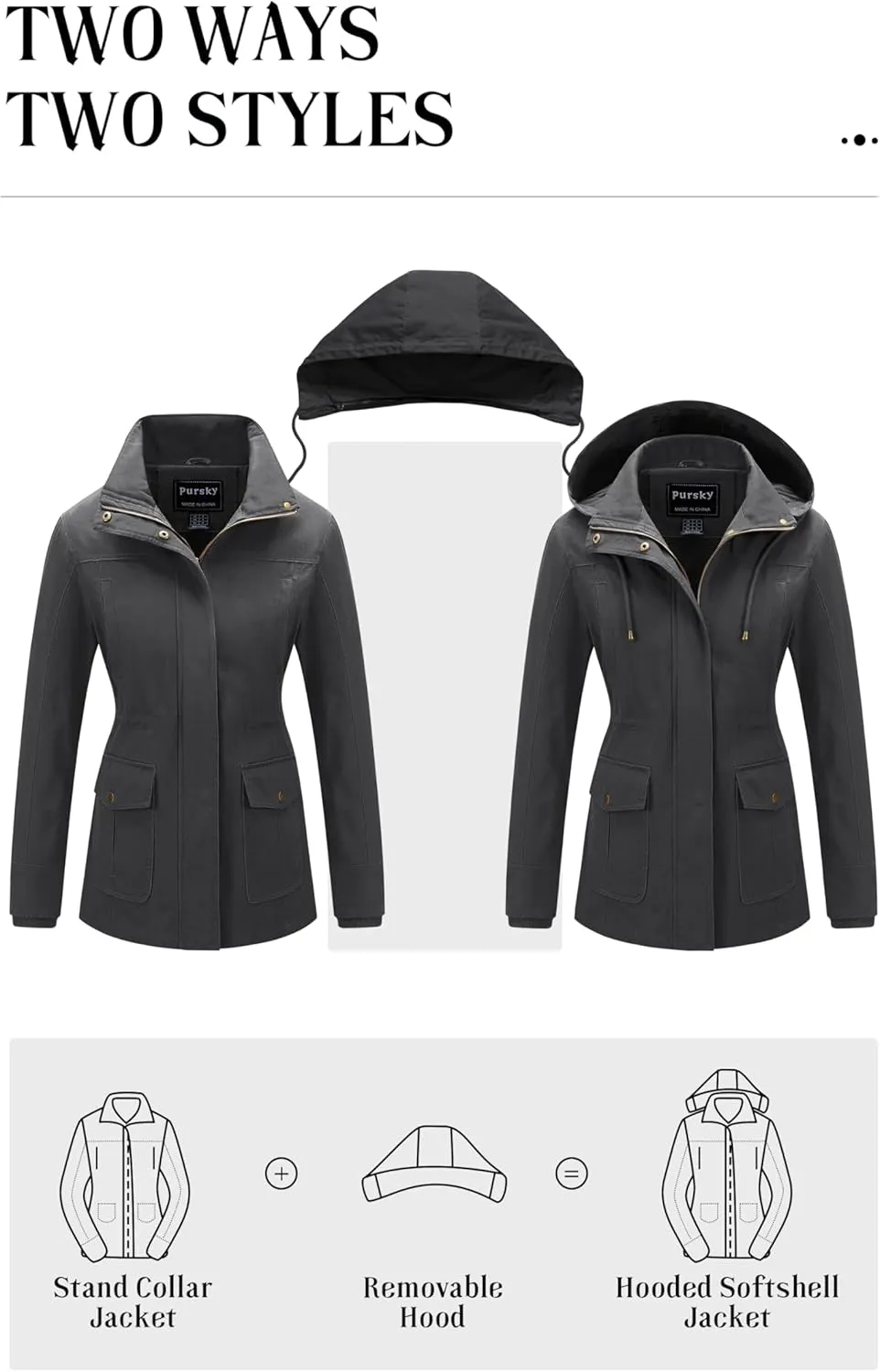 Pursky Women's Cotton Anorak Jacket Lightweight Casual Military Jackets Safari Utility Coats With Removable Hood