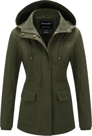 Pursky Women's Cotton Anorak Jacket Lightweight Casual Military Jackets Safari Utility Coats With Removable Hood