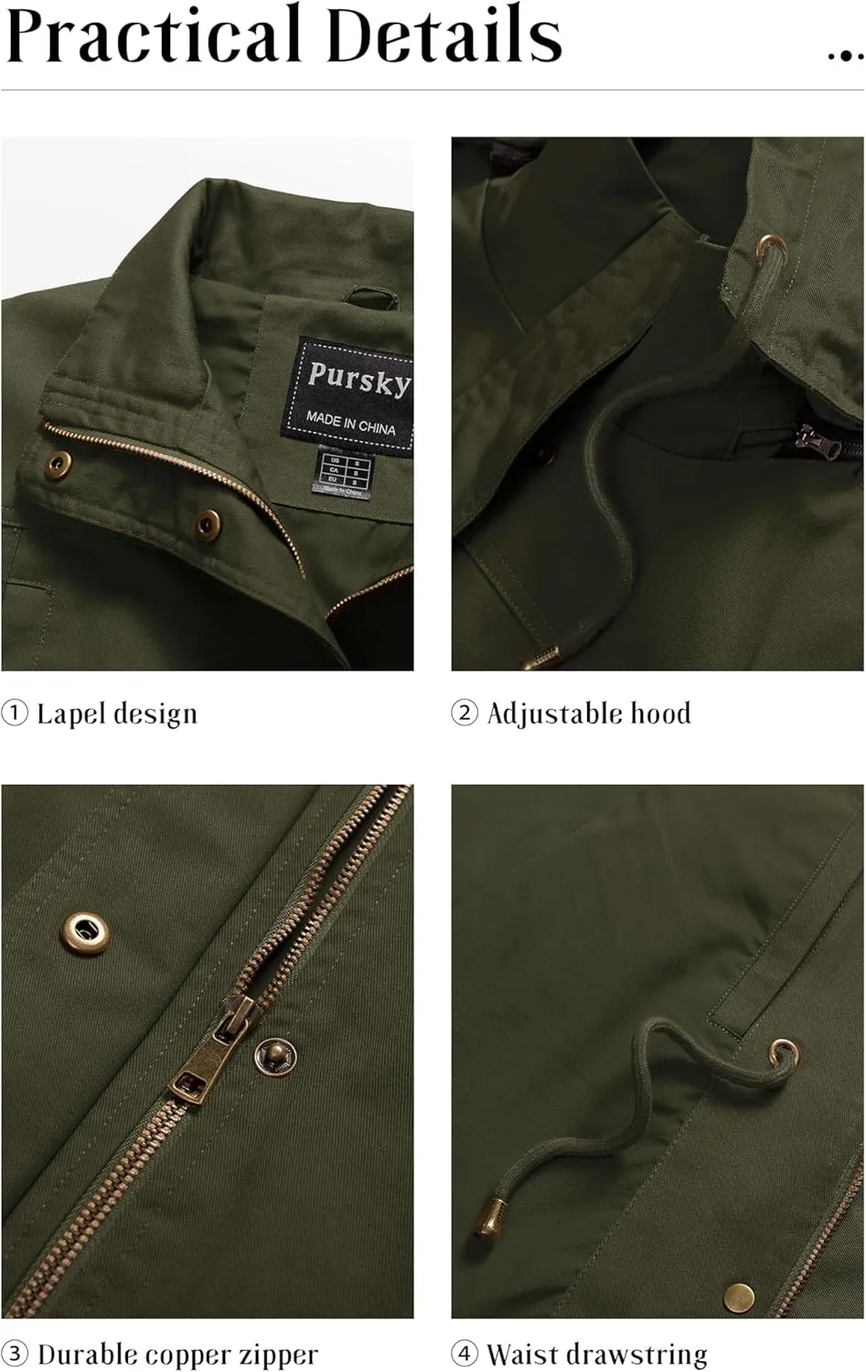 Pursky Women's Cotton Anorak Jacket Lightweight Casual Military Jackets Safari Utility Coats With Removable Hood