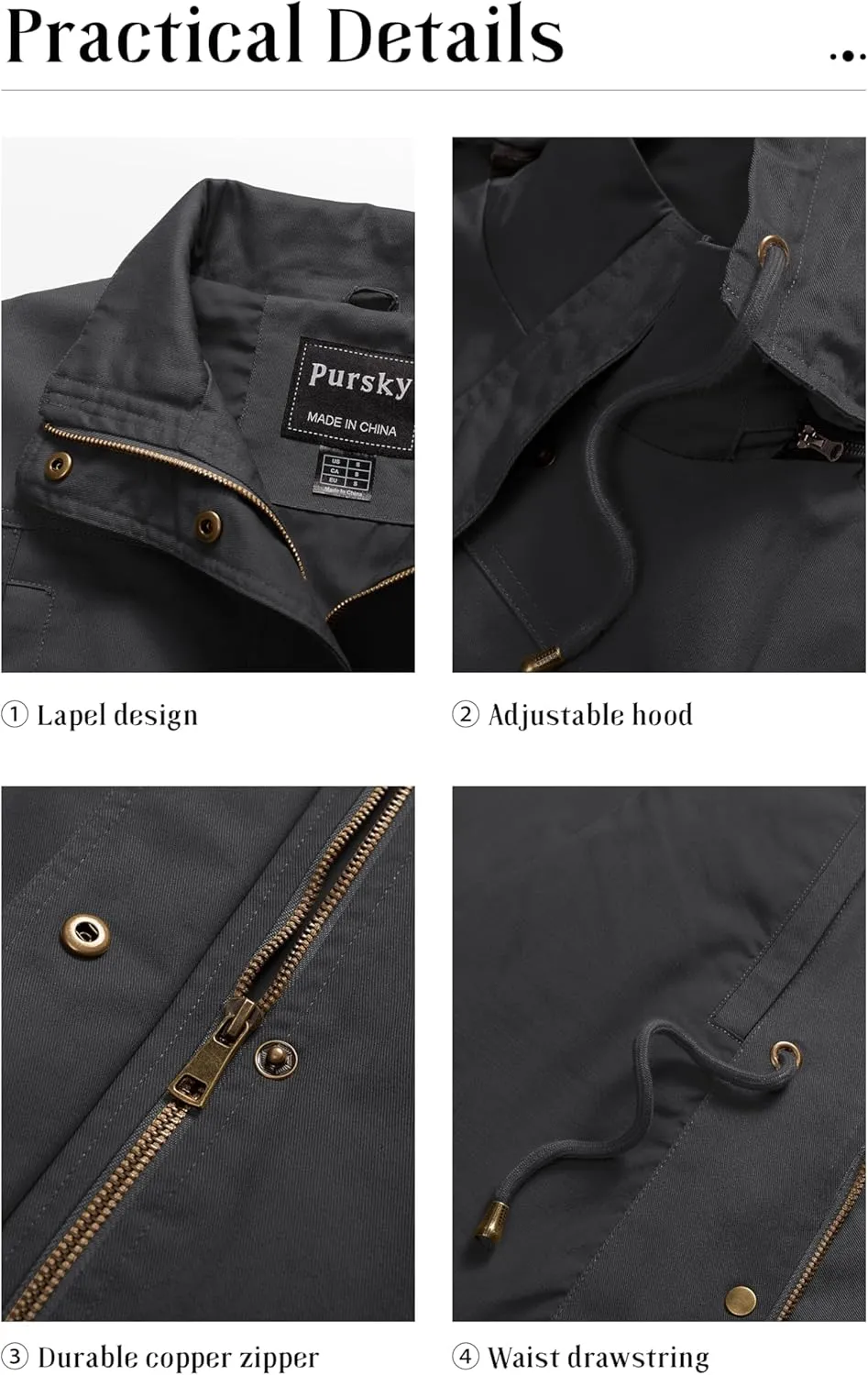 Pursky Women's Cotton Anorak Jacket Lightweight Casual Military Jackets Safari Utility Coats With Removable Hood