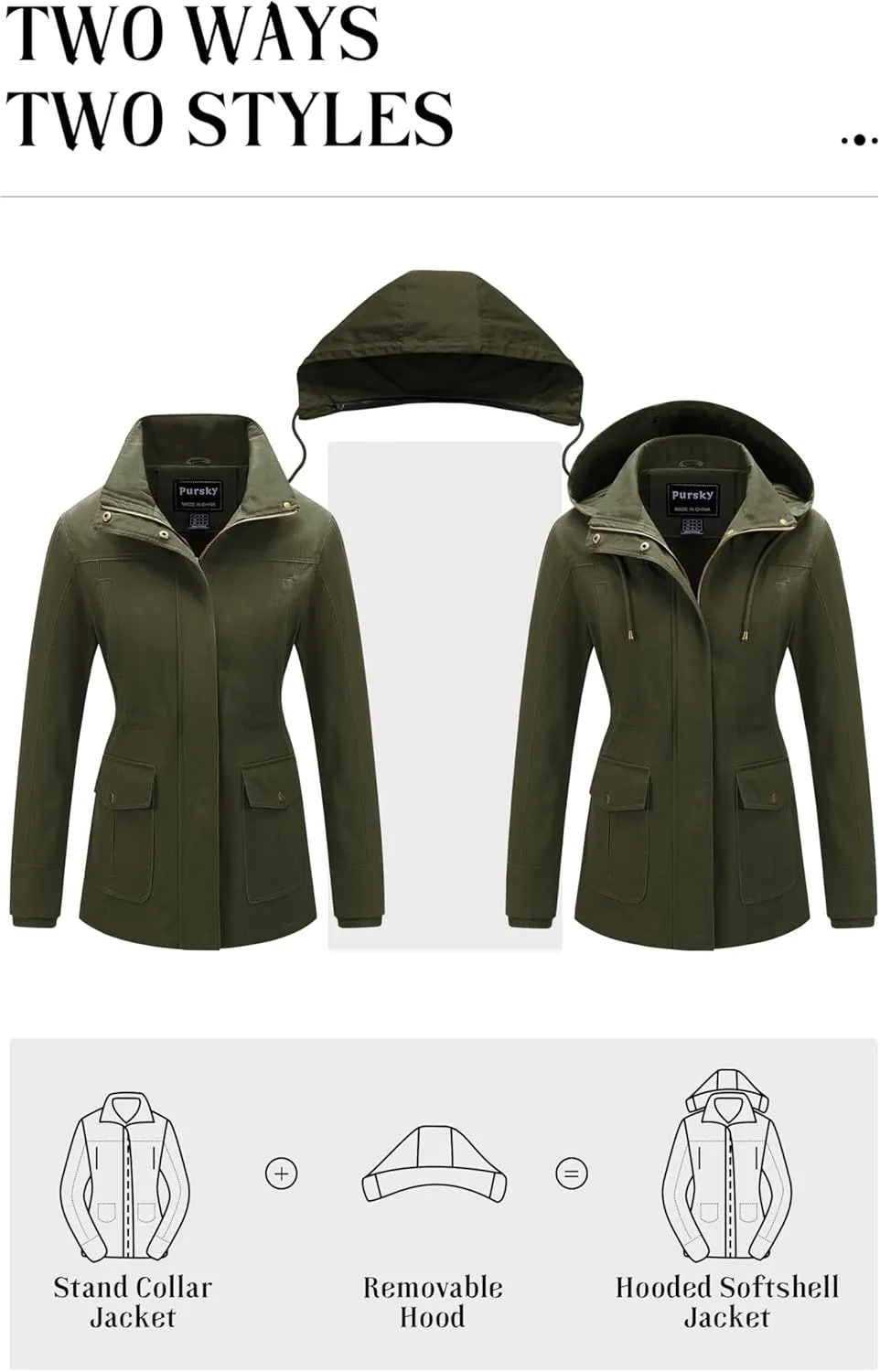 Pursky Women's Cotton Anorak Jacket Lightweight Casual Military Jackets Safari Utility Coats With Removable Hood