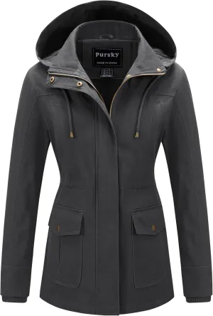 Pursky Women's Cotton Anorak Jacket Lightweight Casual Military Jackets Safari Utility Coats With Removable Hood