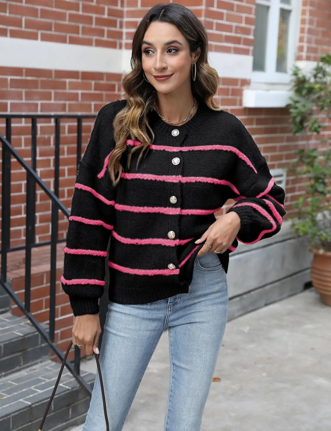 QIBABU Womens Striped Cardigan Sweaters Casual Open Front Long Sleeve Button Down Knit Outwear