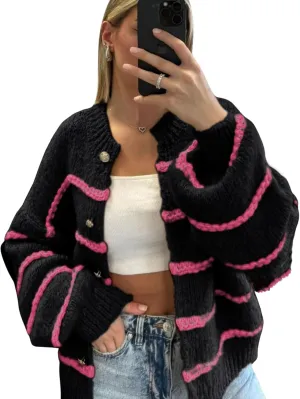 QIBABU Womens Striped Cardigan Sweaters Casual Open Front Long Sleeve Button Down Knit Outwear