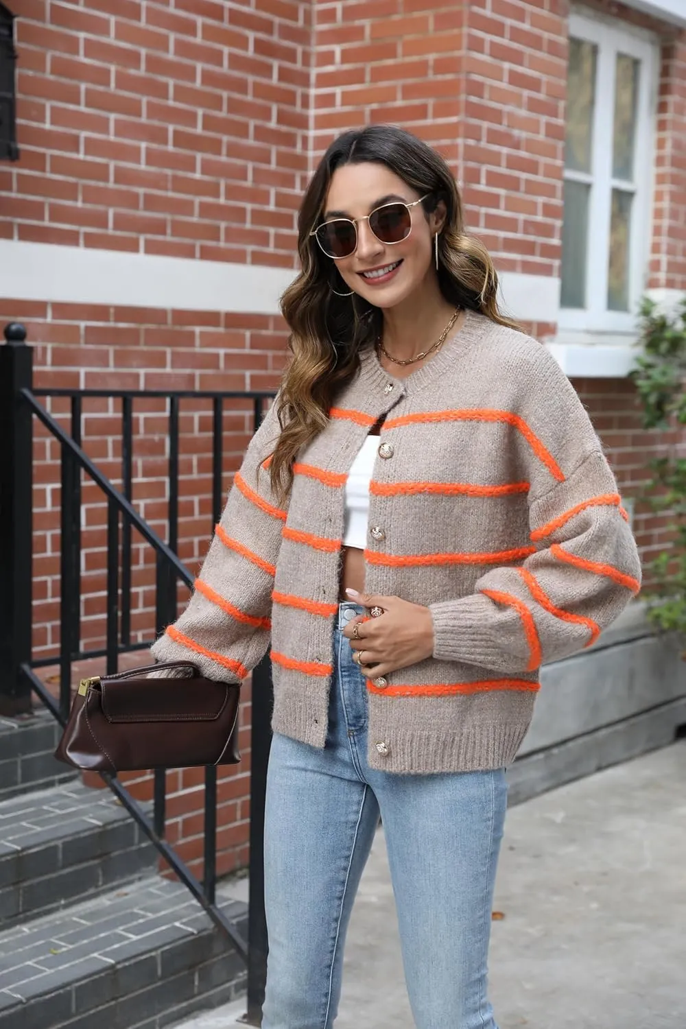 QIBABU Womens Striped Cardigan Sweaters Casual Open Front Long Sleeve Button Down Knit Outwear