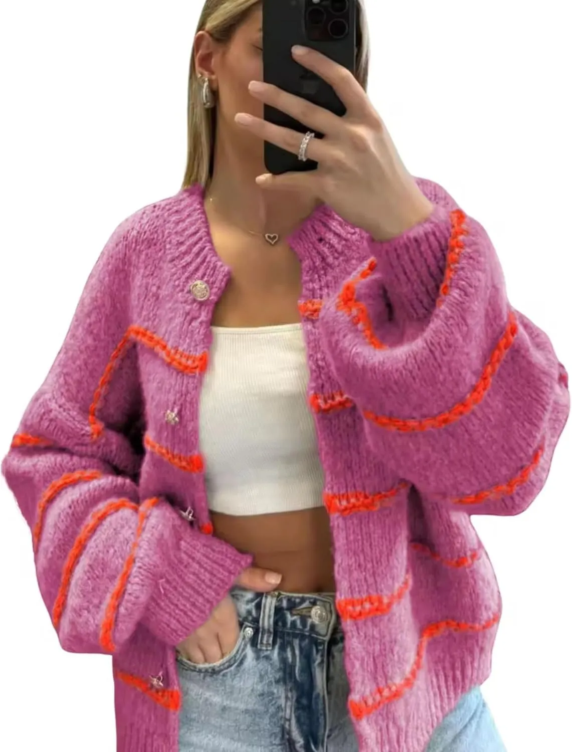 QIBABU Womens Striped Cardigan Sweaters Casual Open Front Long Sleeve Button Down Knit Outwear