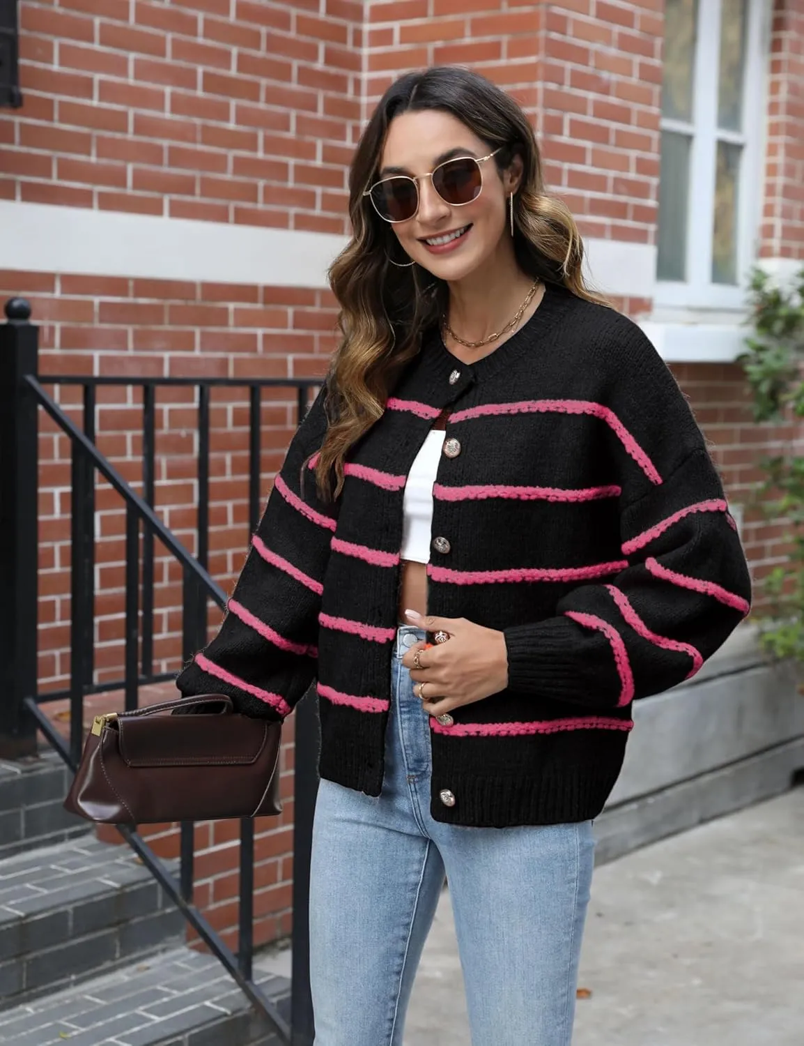 QIBABU Womens Striped Cardigan Sweaters Casual Open Front Long Sleeve Button Down Knit Outwear