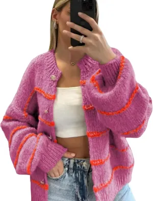 QIBABU Womens Striped Cardigan Sweaters Casual Open Front Long Sleeve Button Down Knit Outwear