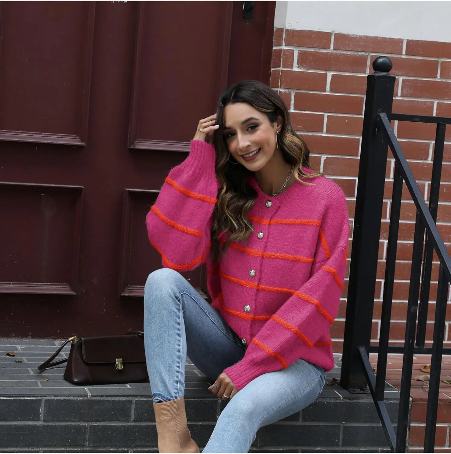 QIBABU Womens Striped Cardigan Sweaters Casual Open Front Long Sleeve Button Down Knit Outwear
