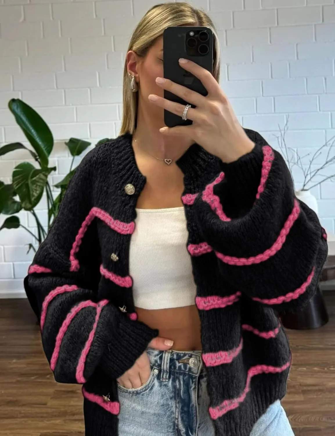 QIBABU Womens Striped Cardigan Sweaters Casual Open Front Long Sleeve Button Down Knit Outwear
