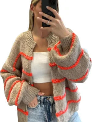 QIBABU Womens Striped Cardigan Sweaters Casual Open Front Long Sleeve Button Down Knit Outwear