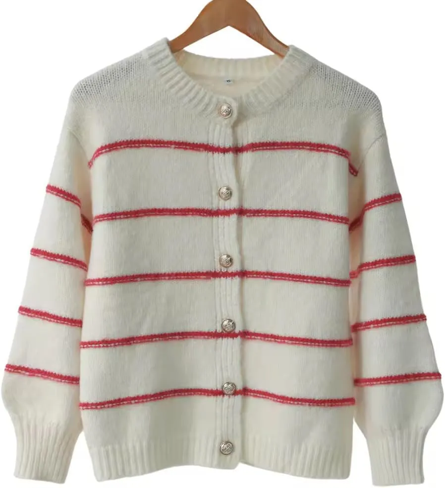 QIBABU Womens Striped Cardigan Sweaters Casual Open Front Long Sleeve Button Down Knit Outwear