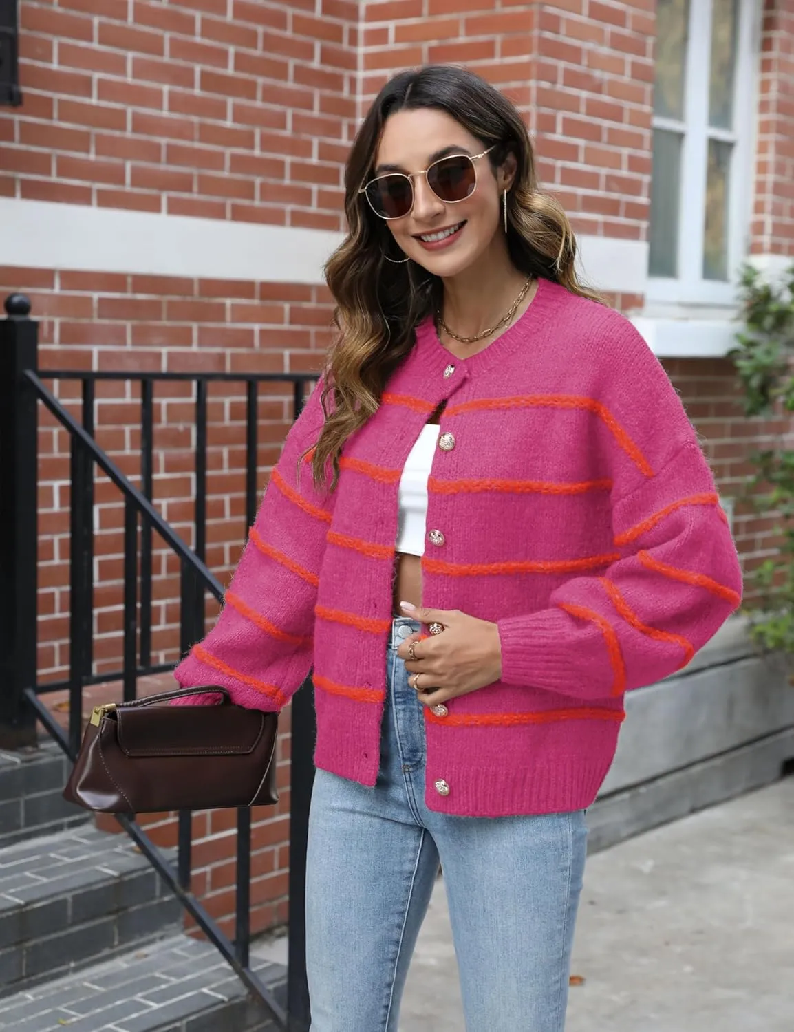 QIBABU Womens Striped Cardigan Sweaters Casual Open Front Long Sleeve Button Down Knit Outwear