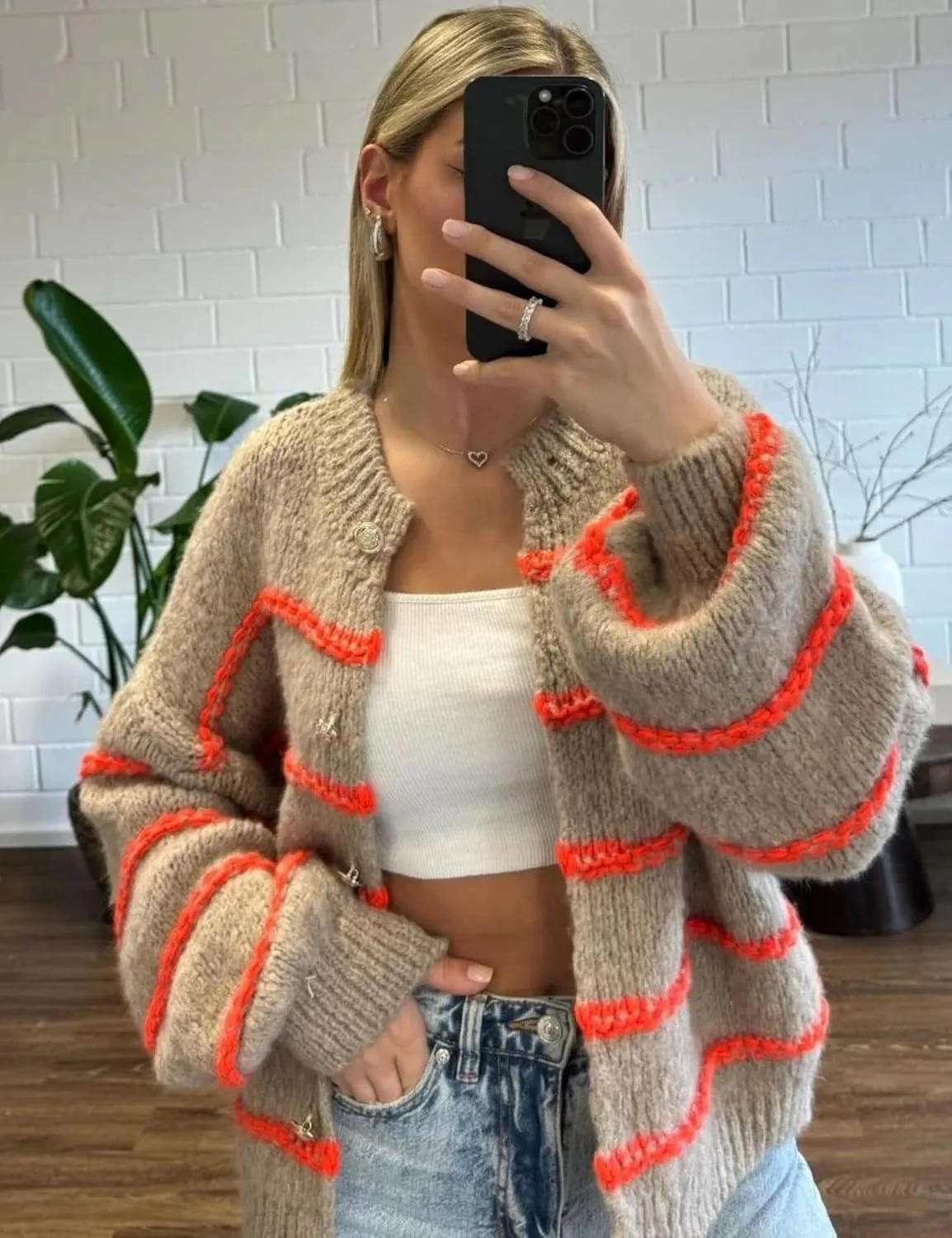 QIBABU Womens Striped Cardigan Sweaters Casual Open Front Long Sleeve Button Down Knit Outwear