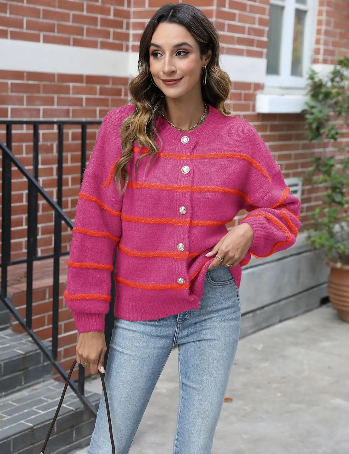 QIBABU Womens Striped Cardigan Sweaters Casual Open Front Long Sleeve Button Down Knit Outwear
