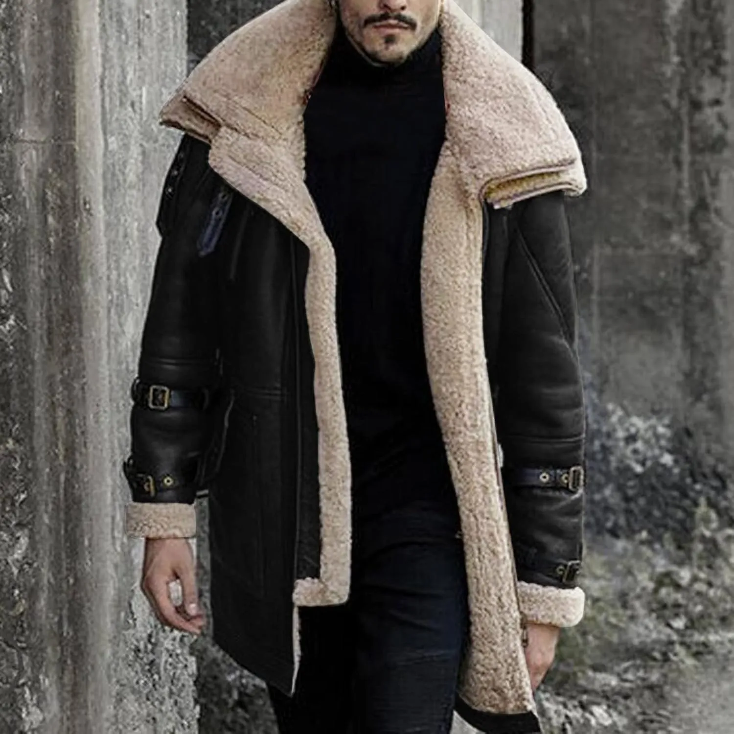 QWENTMTNTY Mens Leather Jacket Big and Tall Winter Faux Fur Shera Lined Jackets Heavyweight Overcoat Casual Shearling Coats