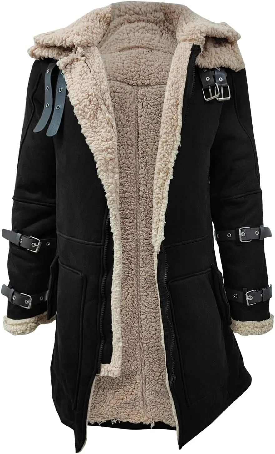 QWENTMTNTY Mens Leather Jacket Big and Tall Winter Faux Fur Shera Lined Jackets Heavyweight Overcoat Casual Shearling Coats