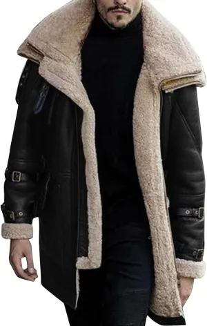 QWENTMTNTY Mens Leather Jacket Big and Tall Winter Faux Fur Shera Lined Jackets Heavyweight Overcoat Casual Shearling Coats