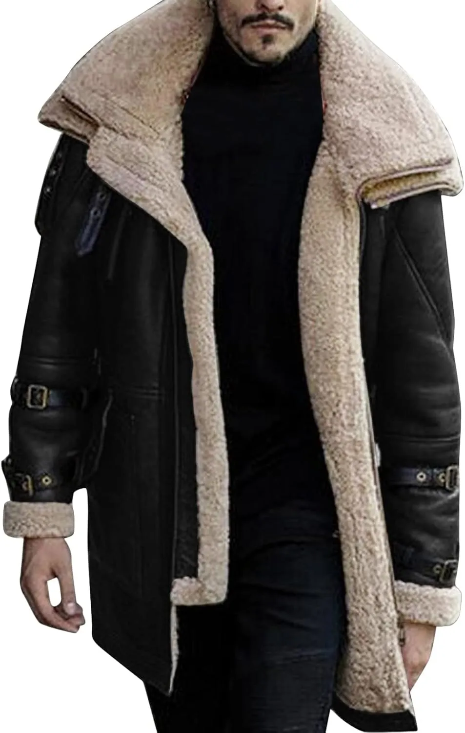 QWENTMTNTY Mens Leather Jacket Big and Tall Winter Faux Fur Shera Lined Jackets Heavyweight Overcoat Casual Shearling Coats