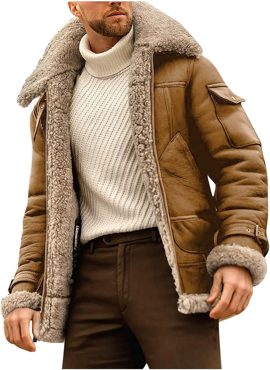 RTRDE Men's Winter Trench Coat Sherpa Lined Lapel Coat Long Jacket Outwear Coat Men, M-5XL