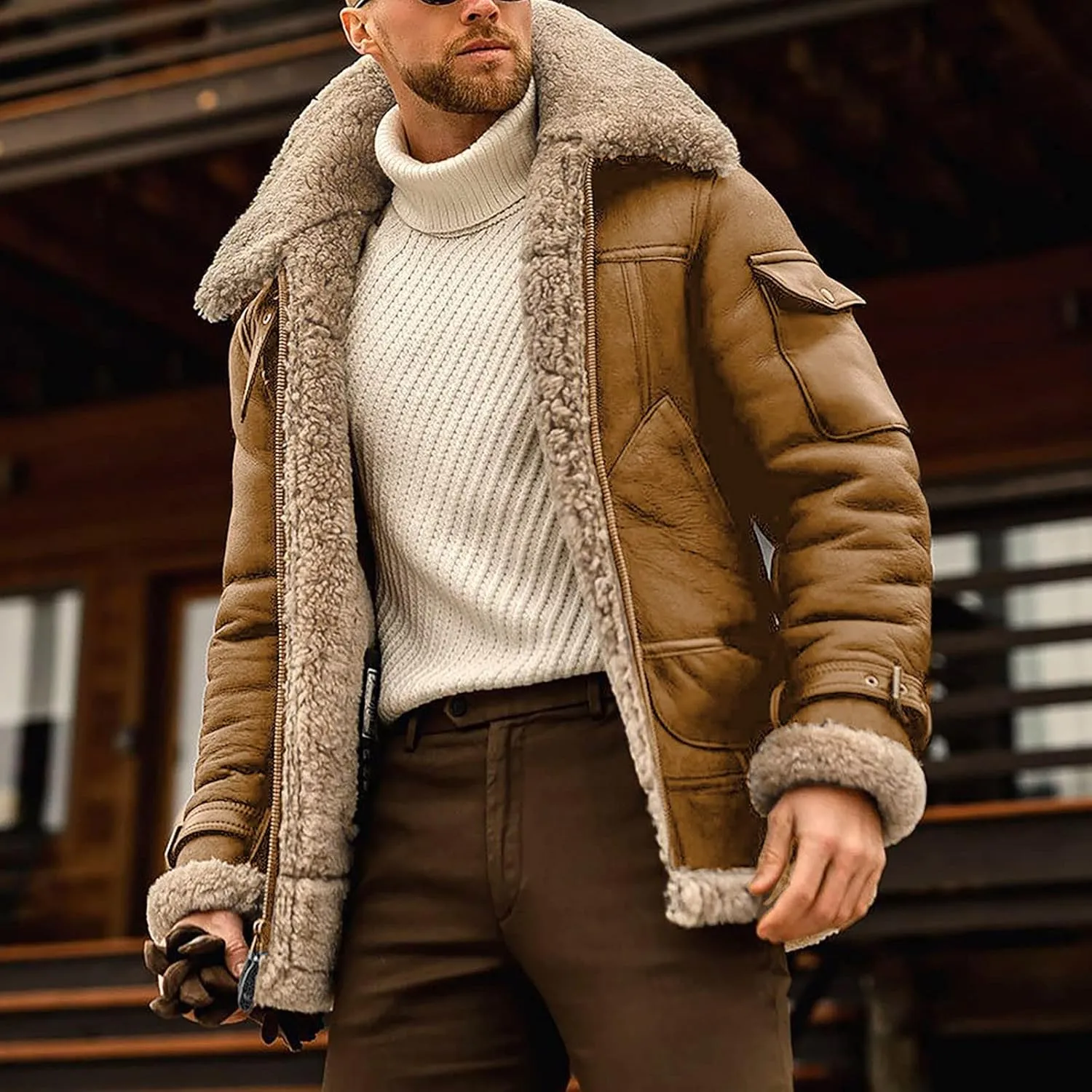 RTRDE Men's Winter Trench Coat Sherpa Lined Lapel Coat Long Jacket Outwear Coat Men, M-5XL