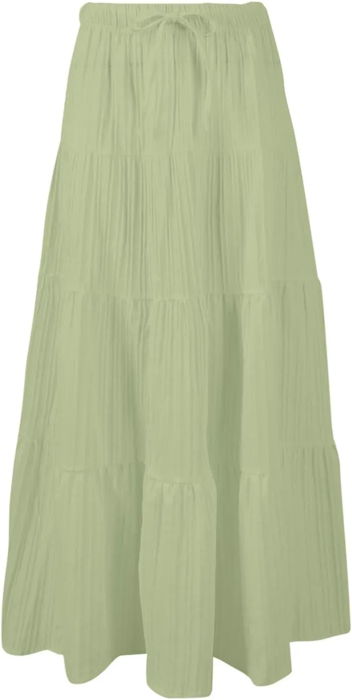 Ruffle Long Skirts Women Drawstring Pleated Flowy Peasant Maxi Skirt Summer Vacation Beach High Waisted Tiered Skirts