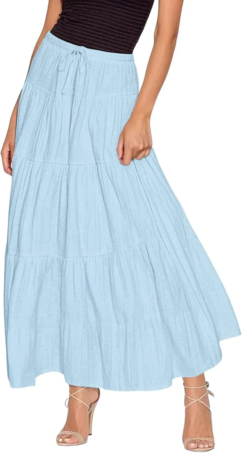 Ruffle Long Skirts Women Drawstring Pleated Flowy Peasant Maxi Skirt Summer Vacation Beach High Waisted Tiered Skirts