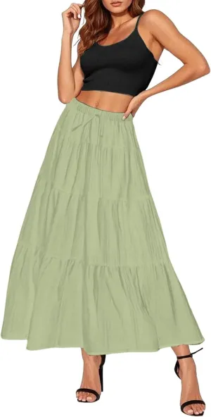 Ruffle Long Skirts Women Drawstring Pleated Flowy Peasant Maxi Skirt Summer Vacation Beach High Waisted Tiered Skirts
