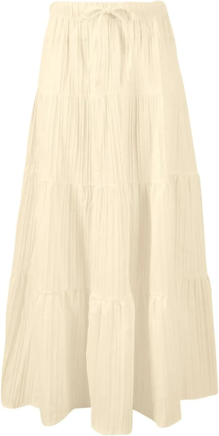 Ruffle Long Skirts Women Drawstring Pleated Flowy Peasant Maxi Skirt Summer Vacation Beach High Waisted Tiered Skirts