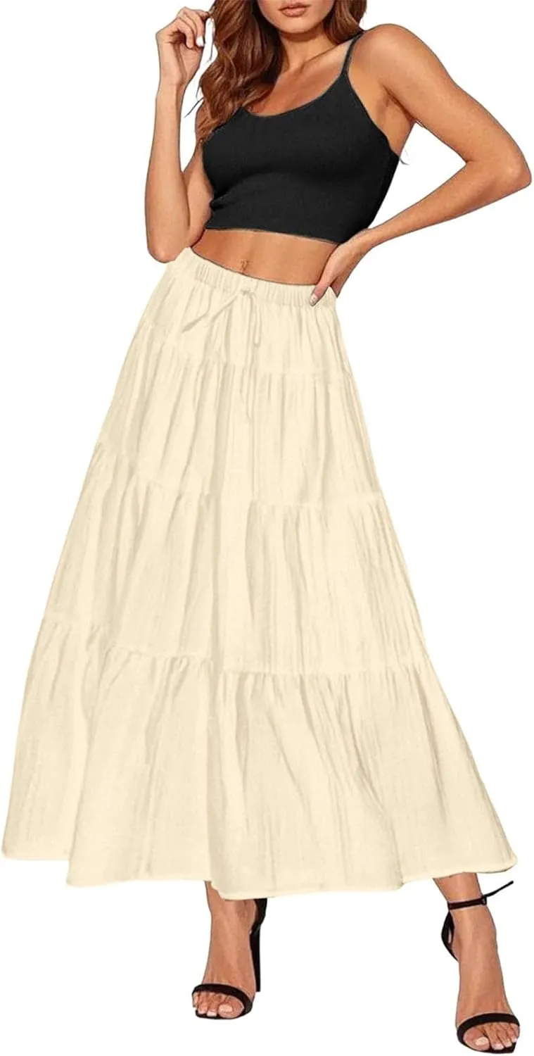 Ruffle Long Skirts Women Drawstring Pleated Flowy Peasant Maxi Skirt Summer Vacation Beach High Waisted Tiered Skirts