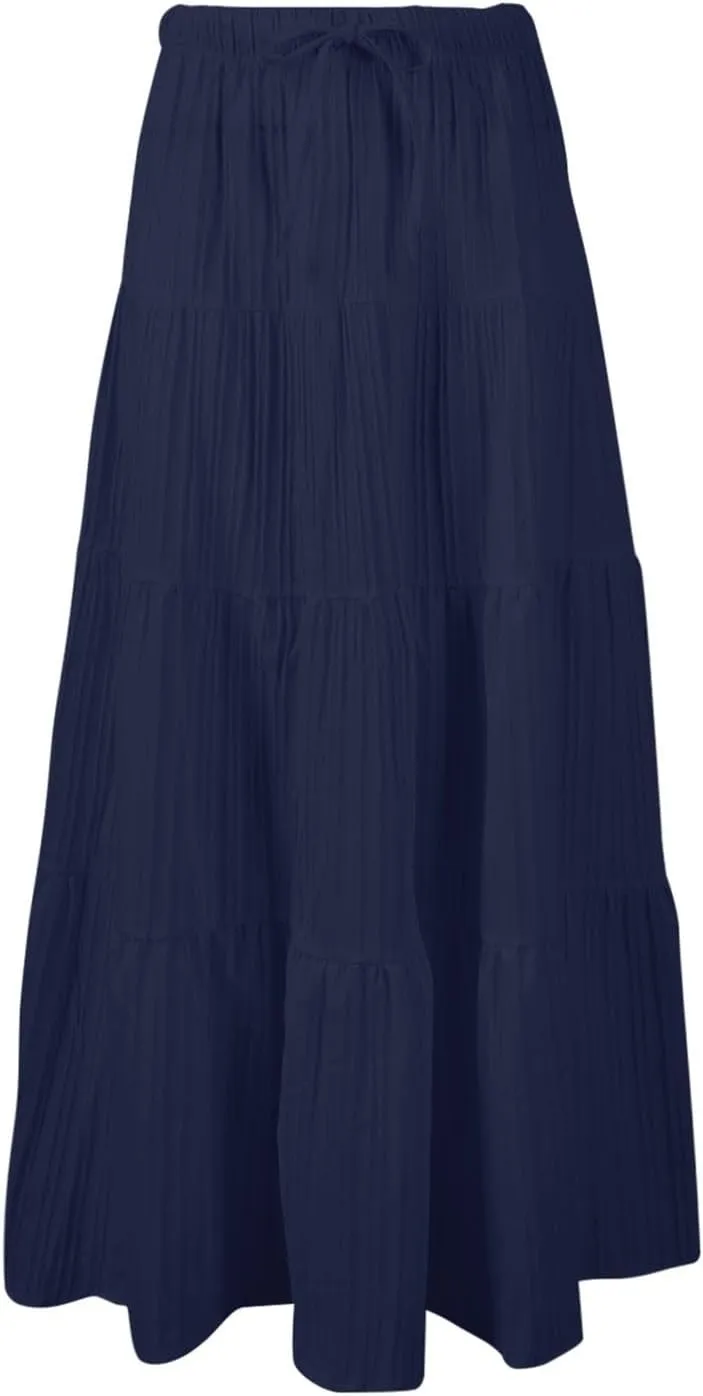 Ruffle Long Skirts Women Drawstring Pleated Flowy Peasant Maxi Skirt Summer Vacation Beach High Waisted Tiered Skirts