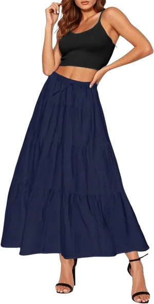 Ruffle Long Skirts Women Drawstring Pleated Flowy Peasant Maxi Skirt Summer Vacation Beach High Waisted Tiered Skirts