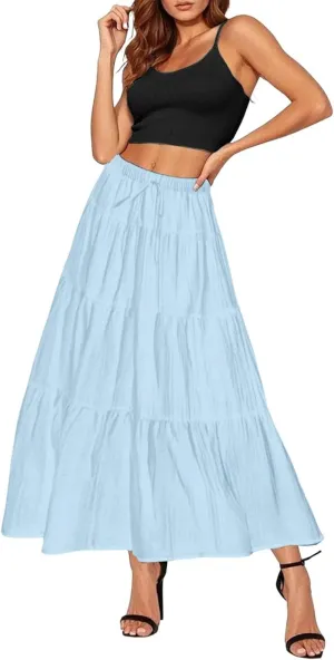 Ruffle Long Skirts Women Drawstring Pleated Flowy Peasant Maxi Skirt Summer Vacation Beach High Waisted Tiered Skirts