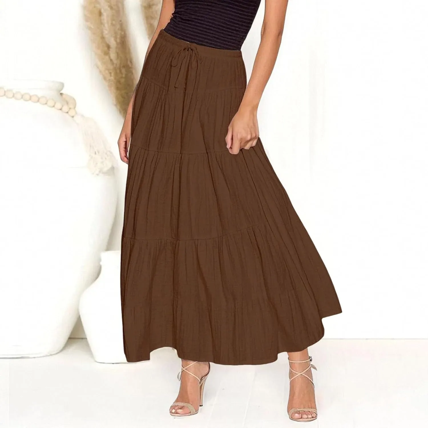 Ruffle Long Skirts Women Drawstring Pleated Flowy Peasant Maxi Skirt Summer Vacation Beach High Waisted Tiered Skirts