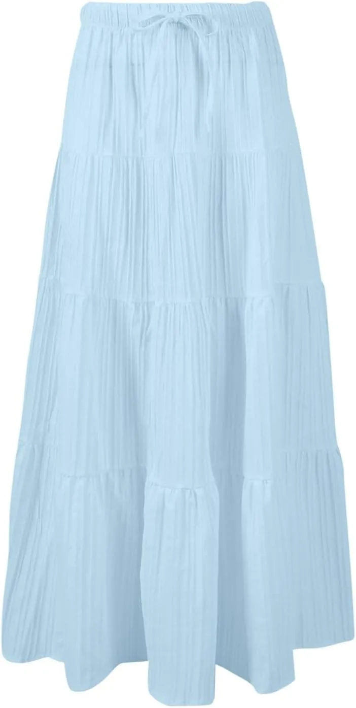 Ruffle Long Skirts Women Drawstring Pleated Flowy Peasant Maxi Skirt Summer Vacation Beach High Waisted Tiered Skirts