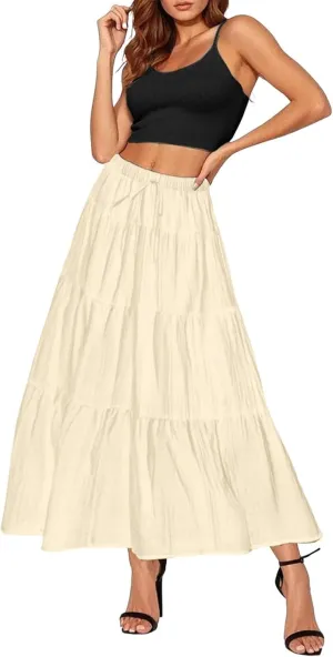 Ruffle Long Skirts Women Drawstring Pleated Flowy Peasant Maxi Skirt Summer Vacation Beach High Waisted Tiered Skirts