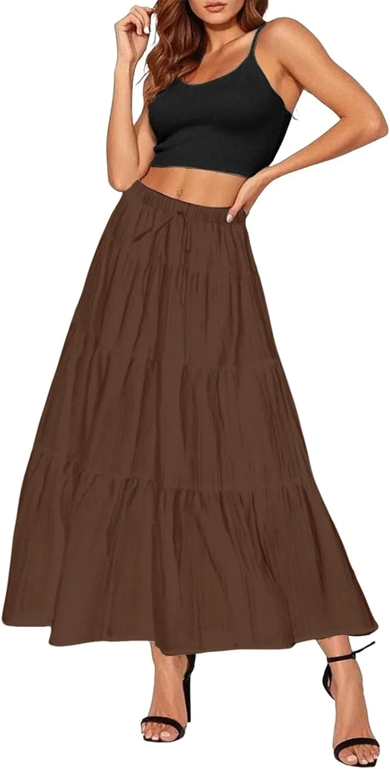 Ruffle Long Skirts Women Drawstring Pleated Flowy Peasant Maxi Skirt Summer Vacation Beach High Waisted Tiered Skirts