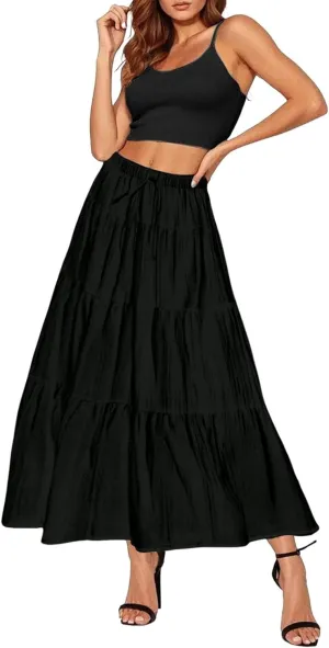 Ruffle Long Skirts Women Drawstring Pleated Flowy Peasant Maxi Skirt Summer Vacation Beach High Waisted Tiered Skirts