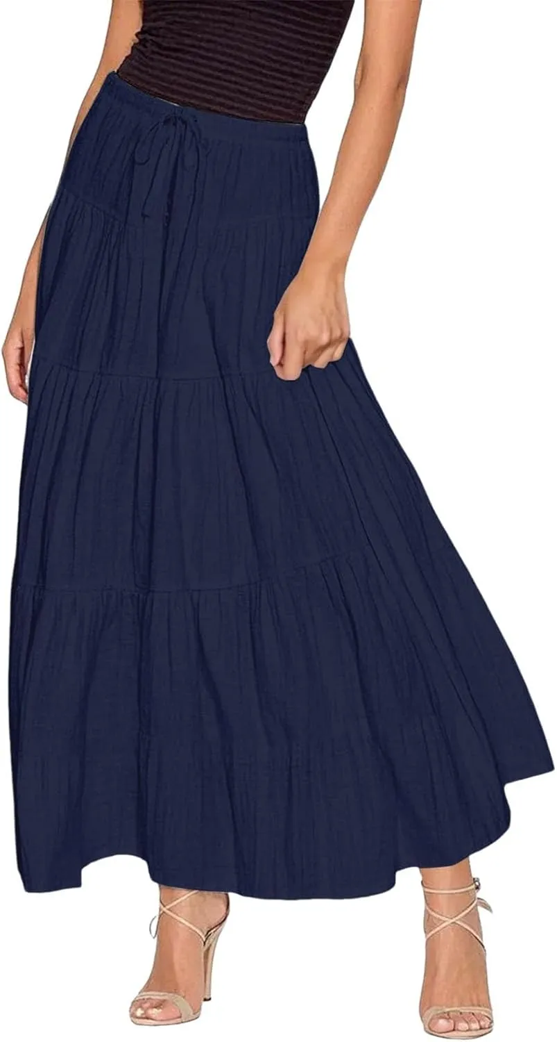 Ruffle Long Skirts Women Drawstring Pleated Flowy Peasant Maxi Skirt Summer Vacation Beach High Waisted Tiered Skirts