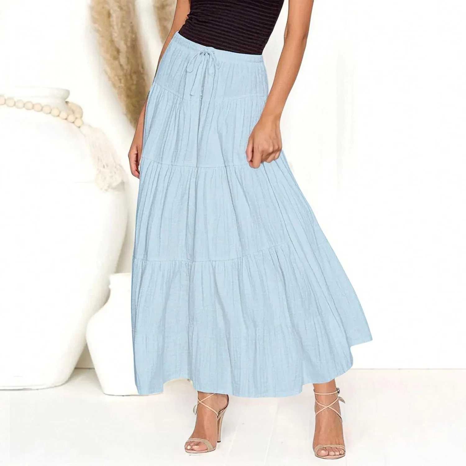 Ruffle Long Skirts Women Drawstring Pleated Flowy Peasant Maxi Skirt Summer Vacation Beach High Waisted Tiered Skirts