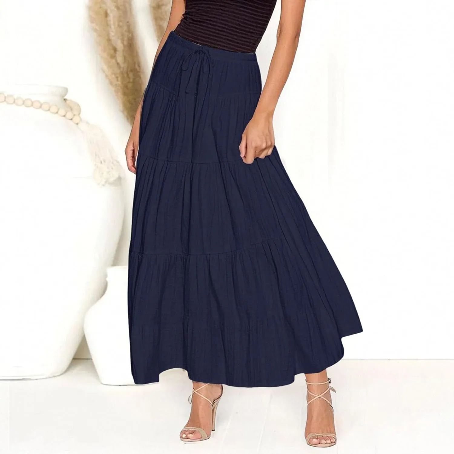 Ruffle Long Skirts Women Drawstring Pleated Flowy Peasant Maxi Skirt Summer Vacation Beach High Waisted Tiered Skirts