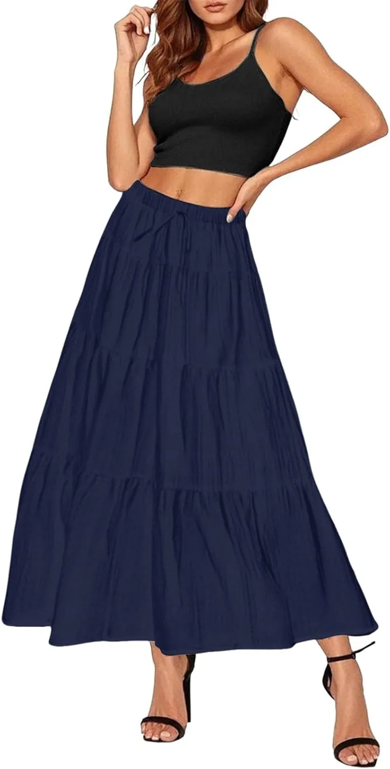 Ruffle Long Skirts Women Drawstring Pleated Flowy Peasant Maxi Skirt Summer Vacation Beach High Waisted Tiered Skirts