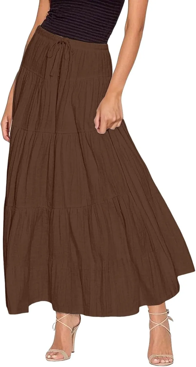 Ruffle Long Skirts Women Drawstring Pleated Flowy Peasant Maxi Skirt Summer Vacation Beach High Waisted Tiered Skirts